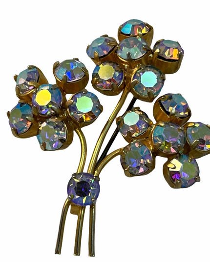 Vintage gold finish AB amber crystal flower brooch c1960s