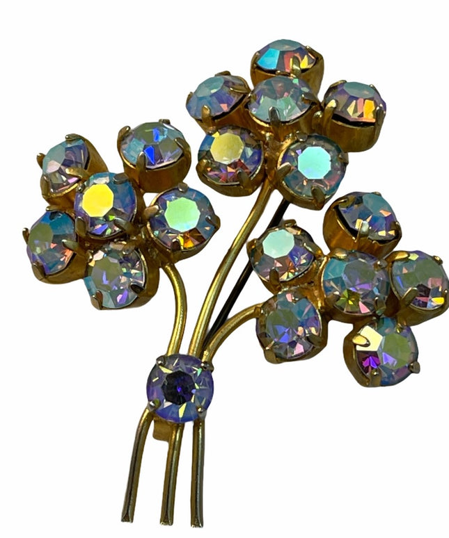 Vintage gold finish AB amber crystal flower brooch c1960s
