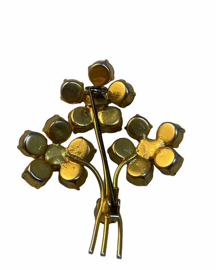 Vintage gold finish AB amber crystal flower brooch c1960s