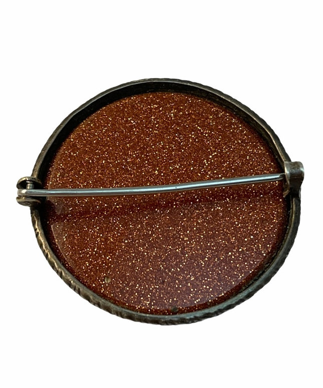 Antique Sterling silver gold stone round brooch