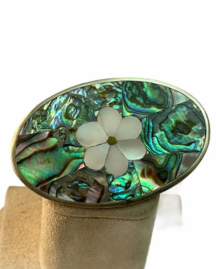 Vintage alpaca Mexico Abalone flower brooch