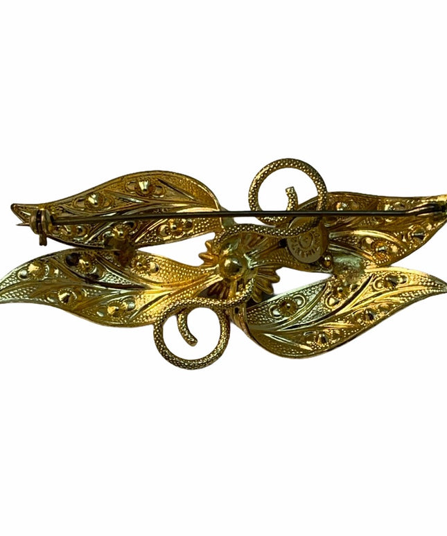 Vintage gold crystal Continental fancy leaf brooch