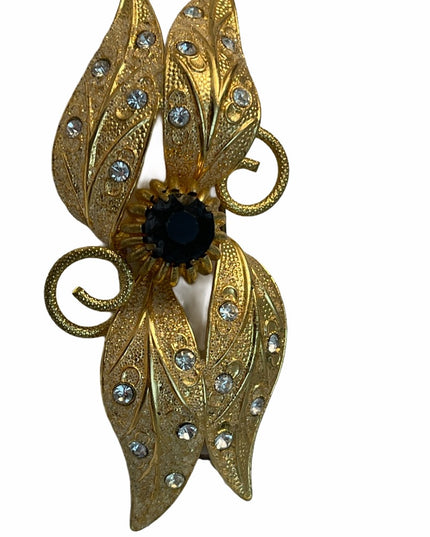 Vintage gold crystal Continental fancy leaf brooch