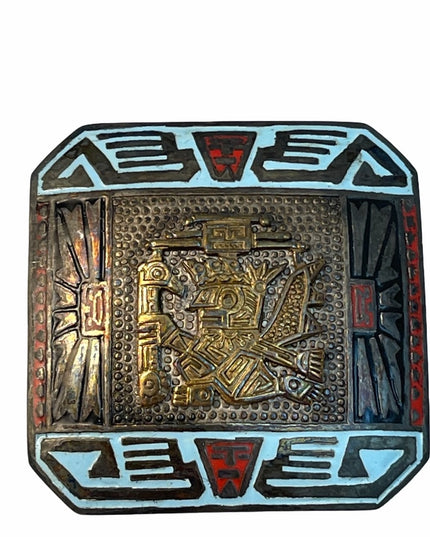 Vintage sterling silver 925 peru Rml Enamel brooch  Mayan Aztec