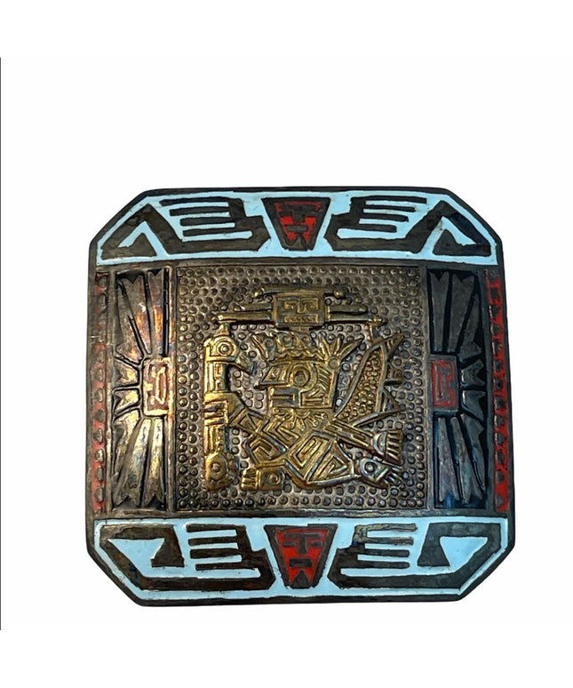 Vintage sterling silver 925 peru Rml Enamel brooch  Mayan Aztec