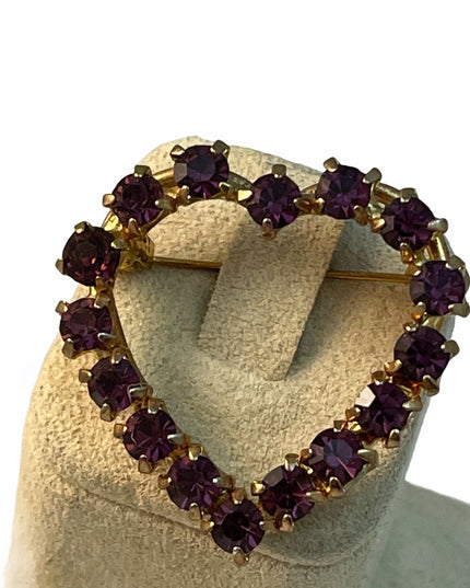 Vintage purple crystal brooch heart c 1960s