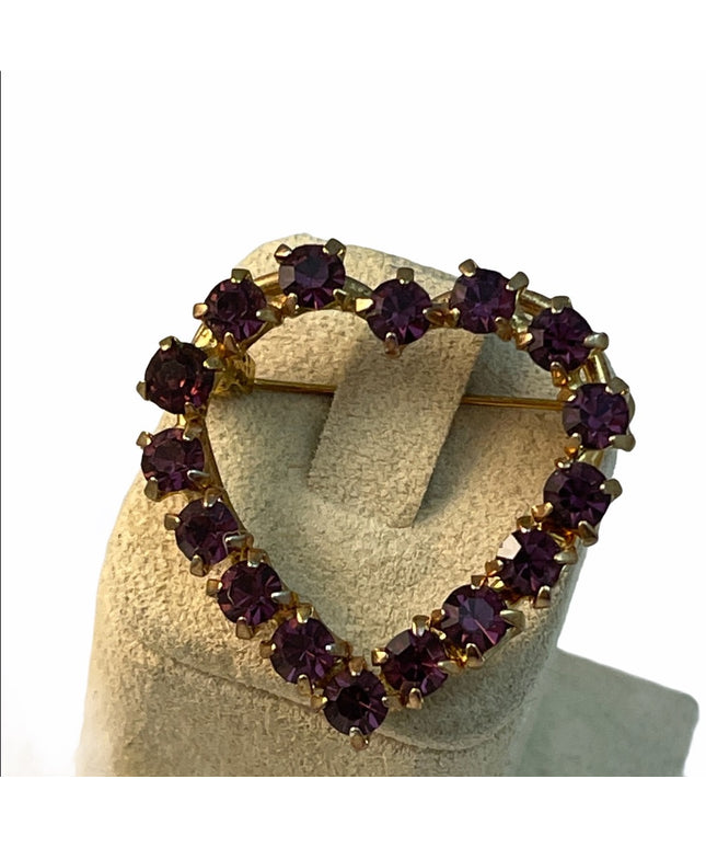 Vintage purple crystal brooch heart c 1960s