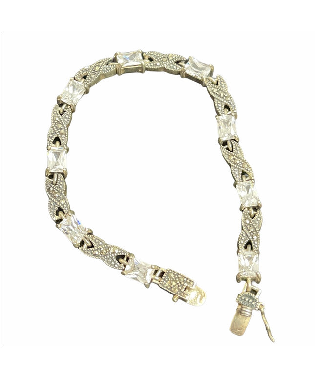 Sterling silver crystal fancy marcasite bracelet VTG