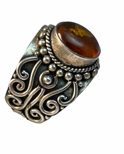 Sterling silver fancy cigar band amber ring