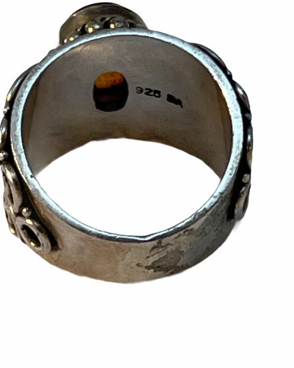 Sterling silver fancy cigar band amber ring