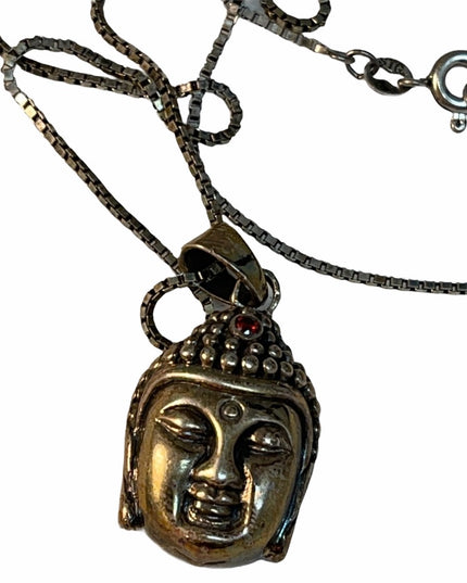Sterling silver Budda head pendant necklace garnet