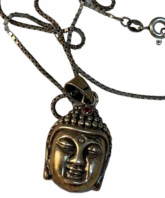Sterling silver Budda head pendant necklace garnet