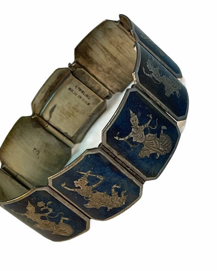 Vintage Siam sterling Black enamel Goddess bracelet