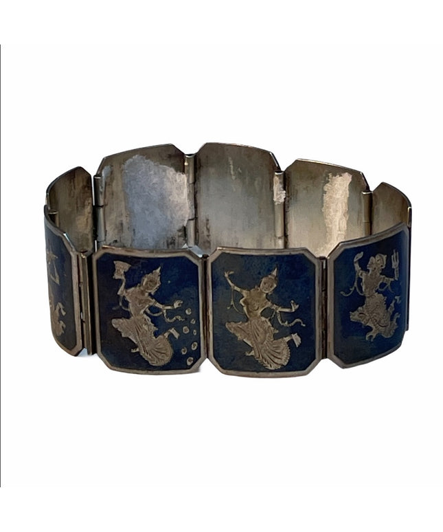 Vintage Siam sterling Black enamel Goddess bracelet