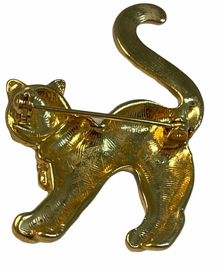 Gold tone rhinestone kitty cat brooch