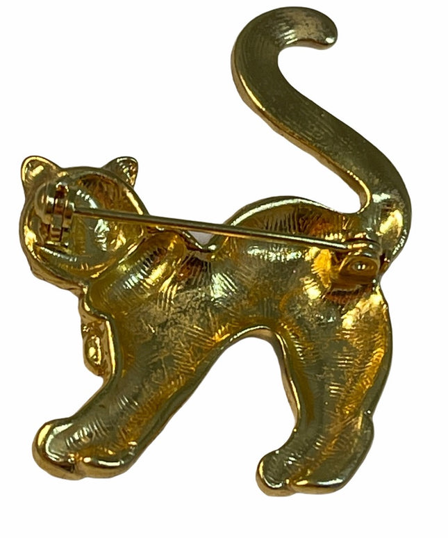 Gold tone rhinestone kitty cat brooch