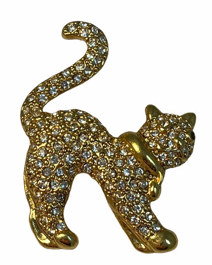 Gold tone rhinestone kitty cat brooch