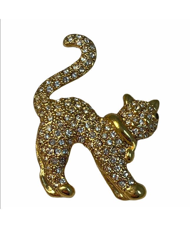 Gold tone rhinestone kitty cat brooch