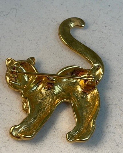 Gold tone rhinestone kitty cat brooch