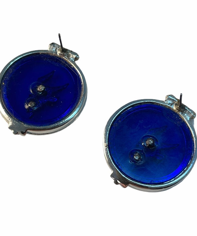 vintage fancy round blue bird earrings enameled