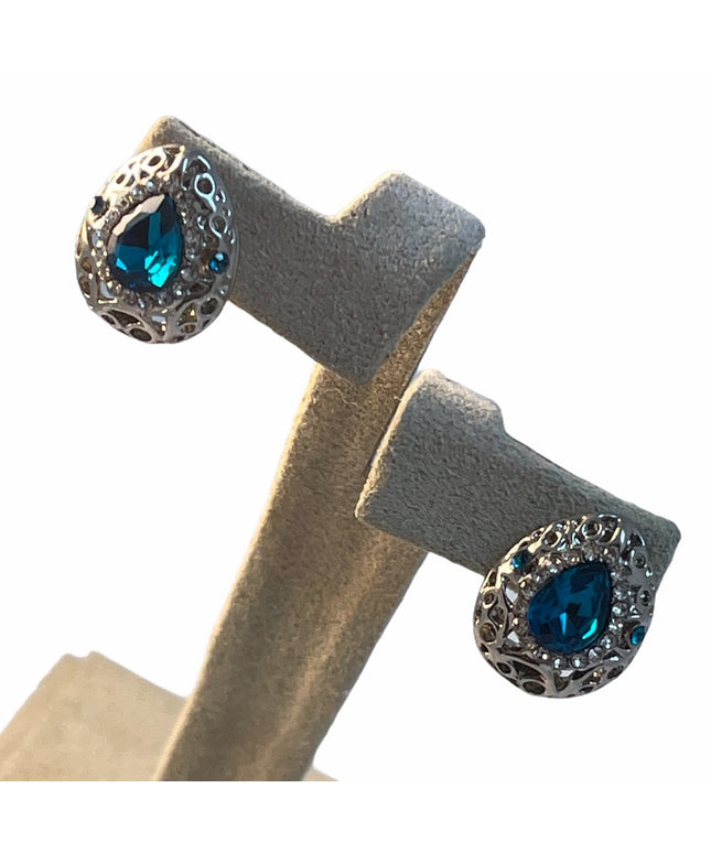 Fancy silver tone and blue glass crystal huggie