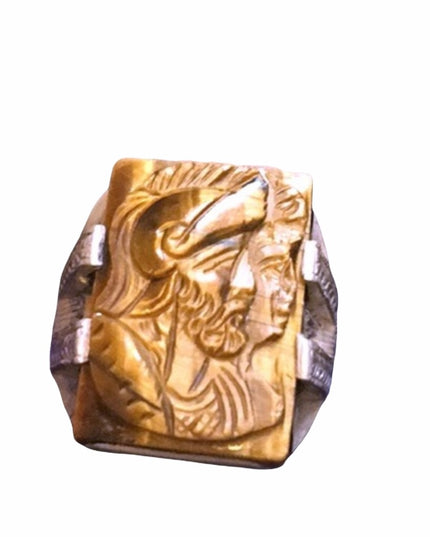 Antique sterling Tiger eye trojan cameo ring