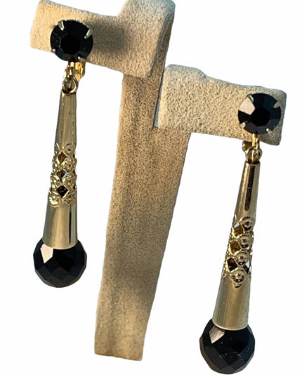 Vintage Bergere gold blk crystal dangle earrings