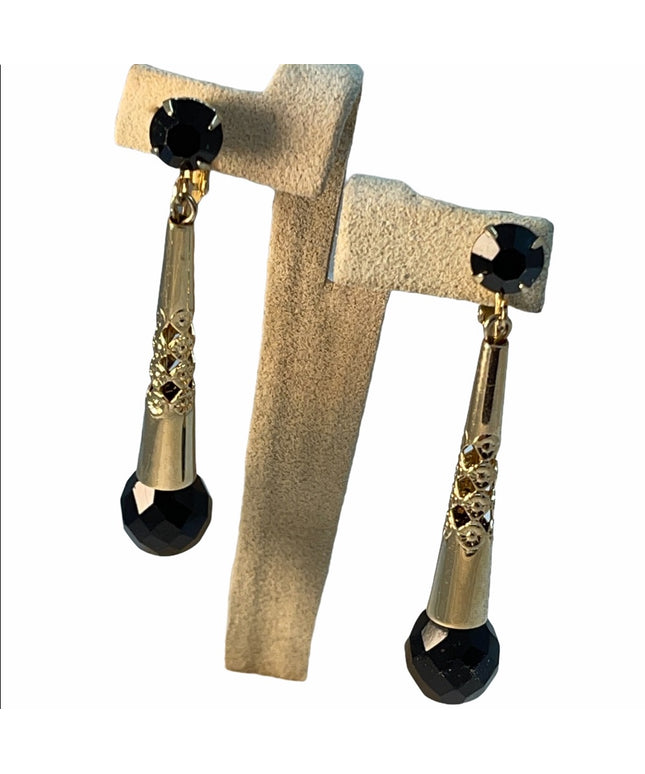 Vintage Bergere gold blk crystal dangle earrings
