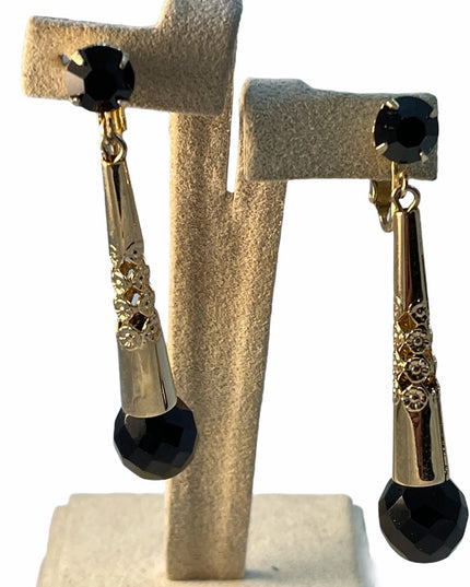 Vintage Bergere gold blk crystal dangle earrings