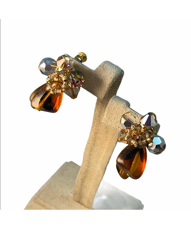 Vintage amber color crystal clip on earrings