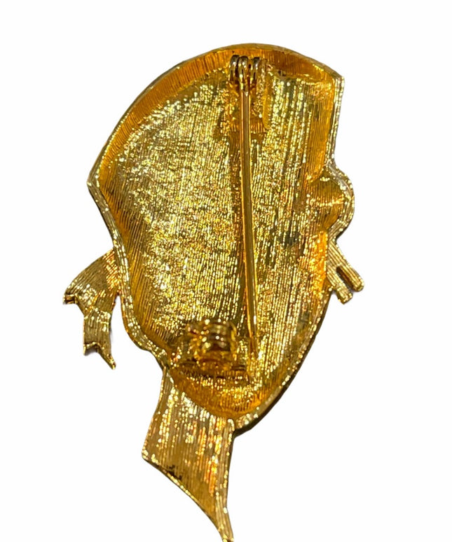VTG C1980s Gold lady head brooch art deco