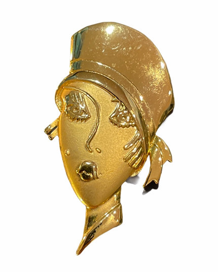 VTG C1980s Gold lady head brooch art deco