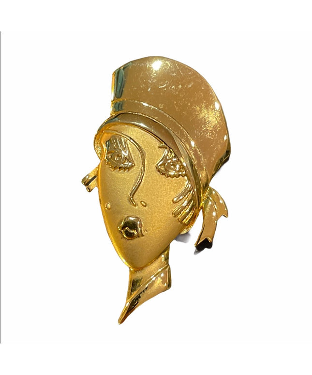 VTG C1980s Gold lady head brooch art deco