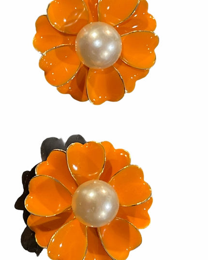 Orange Faux pearl C1960s Metal Flower earrings