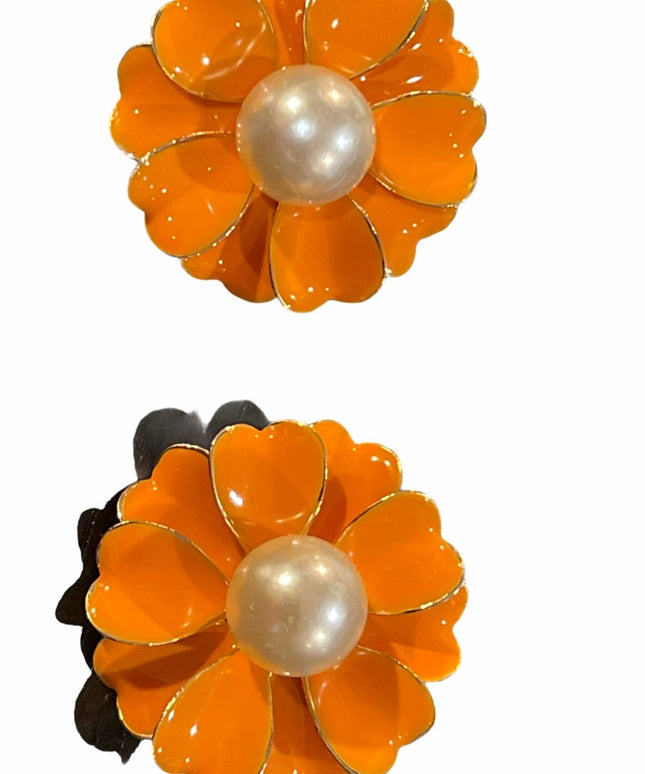 Orange Faux pearl C1960s Metal Flower earrings