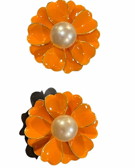 Orange Faux pearl C1960s Metal Flower earrings