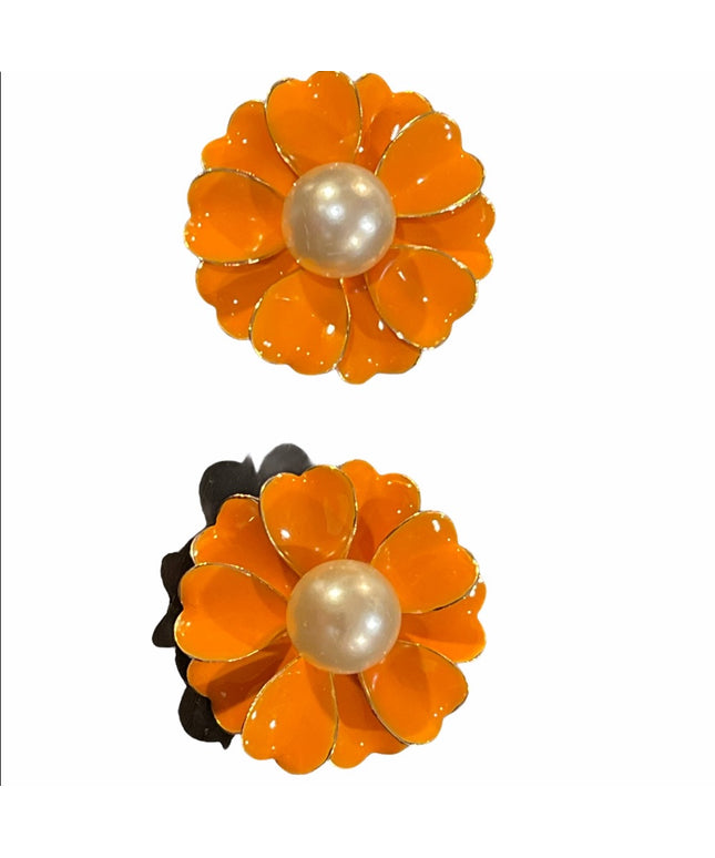 Orange Faux pearl C1960s Metal Flower earrings