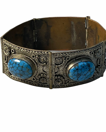Silver filagree victorian blue glass fancy bangle