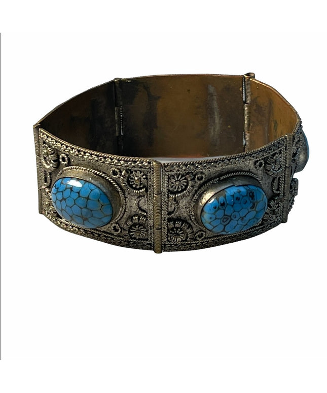 Silver filagree victorian blue glass fancy bangle