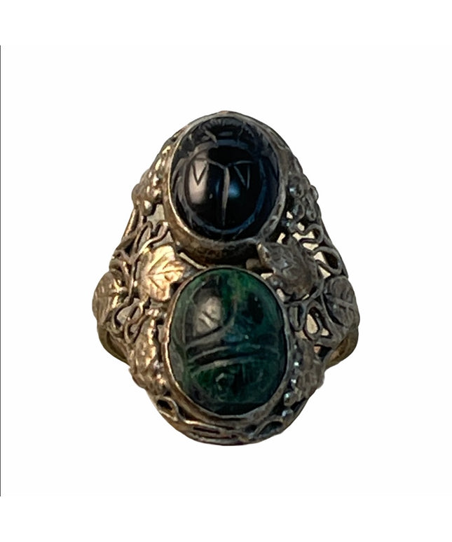 sterling silver leaf design scarab malachite onyx