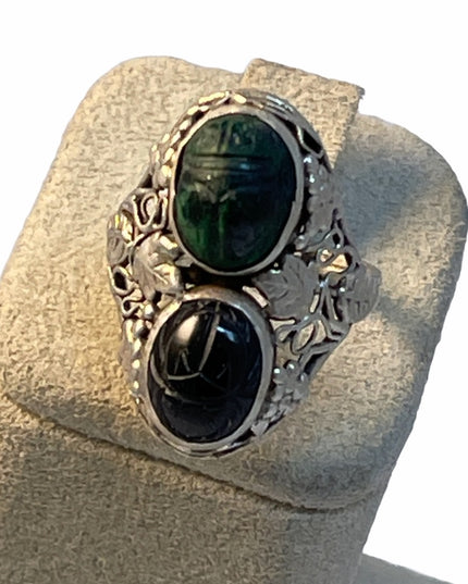 sterling silver leaf design scarab malachite onyx