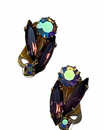 Vintage C1950s Gold finish purple crystal clip ons