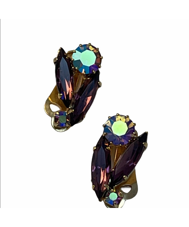 Vintage C1950s Gold finish purple crystal clip ons