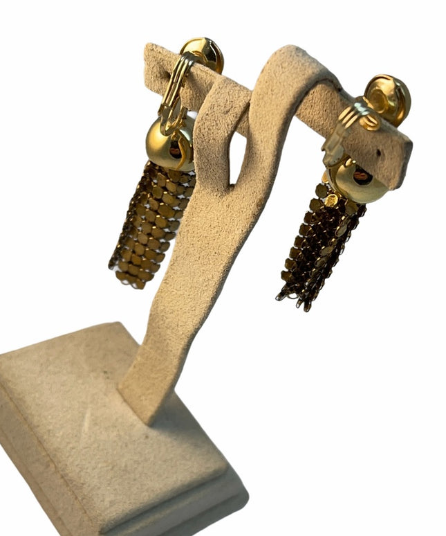 Vintage gold metal mesh dangle earrings clip ons