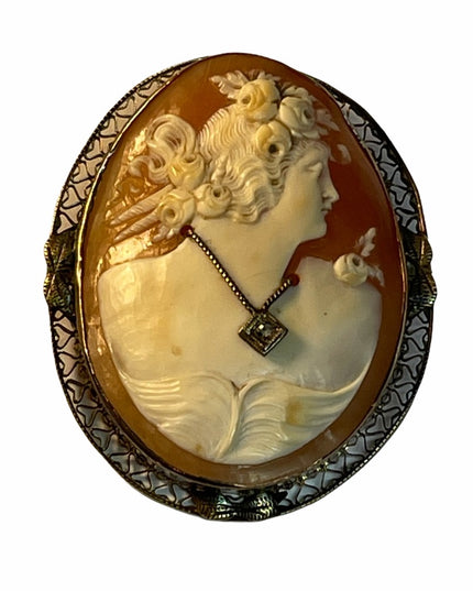 Victoria Antique 14k Gold Cameo W Diamond handcarved