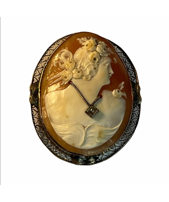 Victoria Antique 14k Gold Cameo W Diamond handcarved