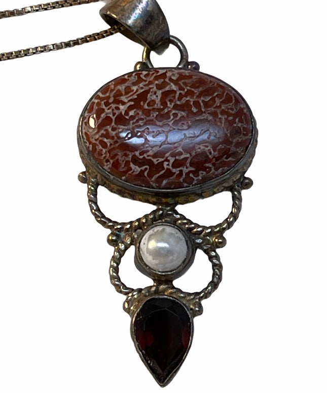 Vintage sterling  silver garnet pearl  pendant necklace & pendsnt