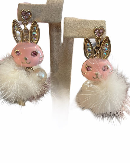 CUTE furry rabbit bunny dangle earrings pink