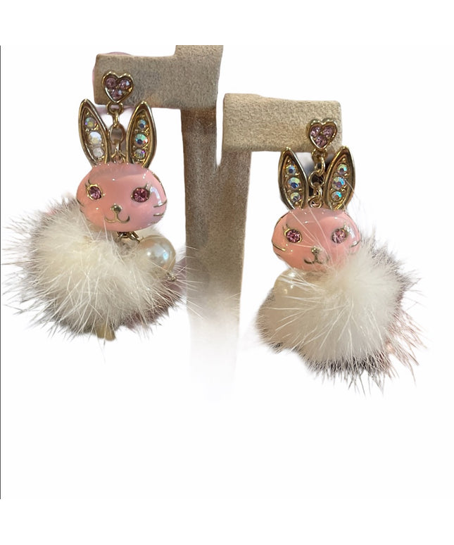 CUTE furry rabbit bunny dangle earrings pink