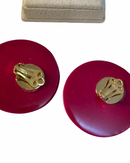 Vintage large chunky hot pink black resin plastic groovy clip on earrings